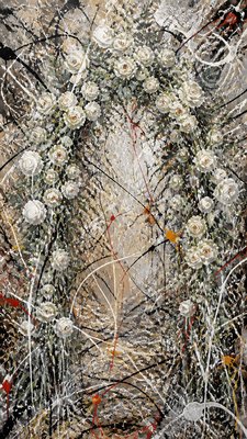 an arch of white roses and eucalyptus in soft morning light, elegant vertical composition with open space, no text