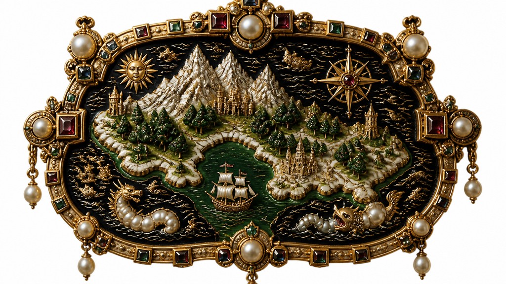 a map of an island realm with mountains, forests, a sheltered bay, sea monsters in the water and a compass rose, no text labels