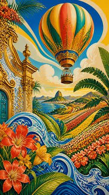 a hot air balloon drifting over rolling flower fields on a sunny day, cheerful, no text