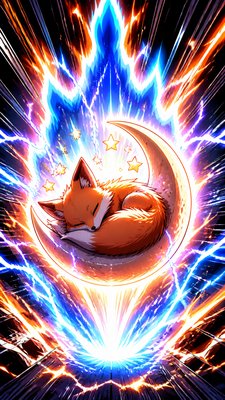 a sleeping baby fox curled on a crescent moon among soft stars, gentle and warm, no text
