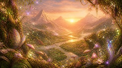 a vast valley with a river winding toward distant mountains at sunrise, no people, no text