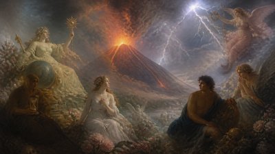 an erupting volcano with lightning strikes, dramatic wide composition, no text
