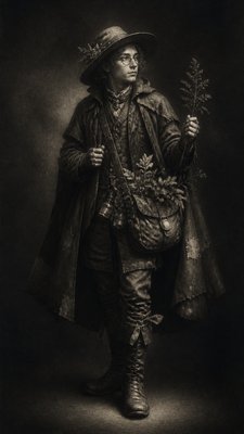 full-body original character: a wandering botanist with a satchel of plants, a patched green cloak, tall boots and round glasses, neutral background