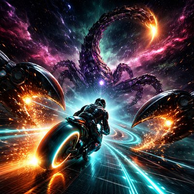 Neon-Futurism Digital Art Style, Bioluminescent Sci-Fi Cosmic Setting, High-Action Composition. A cinematic, low-angle "chase camera" view from behind the rider, looking forward into a perilous section of the cosmos.

The Rider & Bike Consistency: The lone motorcyclist—wearing the same sleek, armored suit with integrated helmet—is leaning hard into a sharp, dramatic turn on the same hubless "light-cycle" sportbike from the previous scenes. The bike’s cyan and orange neon rings leave a zigzagging, vibrant light trail on the road as it maneuvers.

The Action: The rider is narrowly evading two colossal, mechanical pincers that have slammed down onto the highway from the sides. Spark-like digital data fragments fly where the pincers missed the bike by mere inches.

The Path (The Ecliptic): The glowing blue laser-grid highway is no longer straight; it is twisting like a scorpion’s tail through a dark, turbulent nebula of deep magenta and toxic green gas.

The Scorpio Presence: Looming in the background, partially obscured by the nebula, is the massive celestial form of Scorpio. It is rendered as a terrifyingly beautiful construct of obsidian-colored geometry and glowing violet circuitry. Its stinger is arched high above the highway, glowing with a dangerous, concentrated golden light, ready to strike the path ahead.

Atmosphere: Intense lighting contrast, with the bike's neon glow and the golden stinger cutting through the dark, moody colors of the Scorpio nebula.
