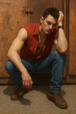 a man in a red shirt is sitting on the floor
