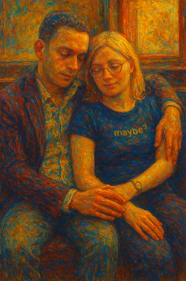 a painting of a man and woman sitting next to each other