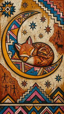 a sleeping baby fox curled on a crescent moon among soft stars, gentle and warm, no text