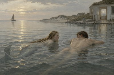 a mermaid swims next to an ignudi sailor floating on his stomach in the water