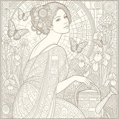 a garden scene with butterflies, flowers and a watering can, clean uncolored line art, no text