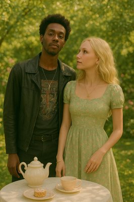 a man standing next to a woman near a table