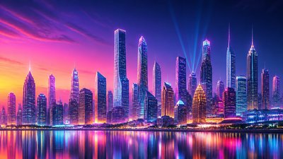 a city skyline panorama at dusk with glowing windows, no people