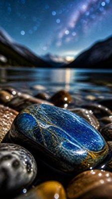 a tranquil mountain lake beneath a starry night sky, no people, no text