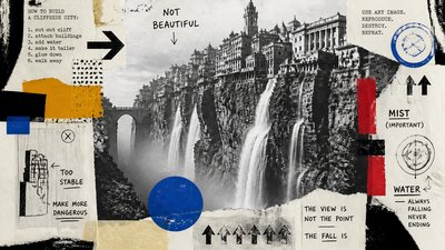 a cliffside city with waterfalls cascading into a misty canyon, wide establishing shot, no people, no text