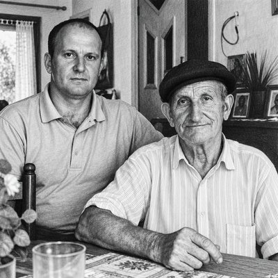 a black and white photo of two men sitting at a table