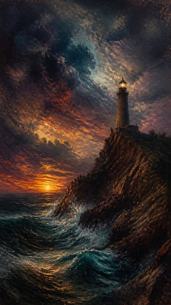 a lone lighthouse on a cliff at dusk under a dramatic sky, no text or lettering