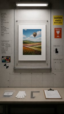 a hot air balloon drifting over rolling flower fields on a sunny day, cheerful, no text