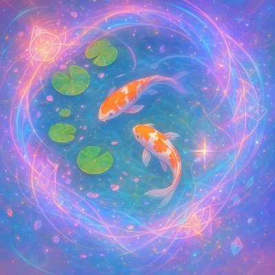 A koi pond seen from above, orange and white koi fish swimming among lily pads, clear water with subtle ripples, fallen cherry blossom petals floating on the surface, dappled sunlight