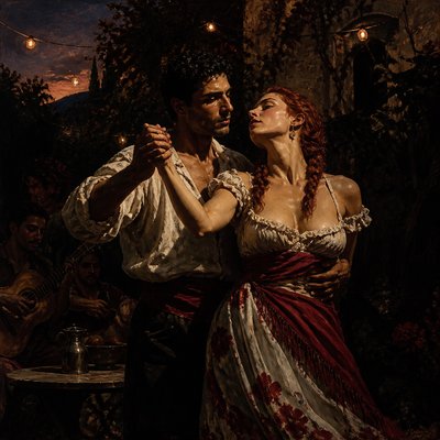 an original couple dancing under string lights in a garden at dusk: a man with short black hair in a linen shirt and a woman with braided red hair in a summer dress