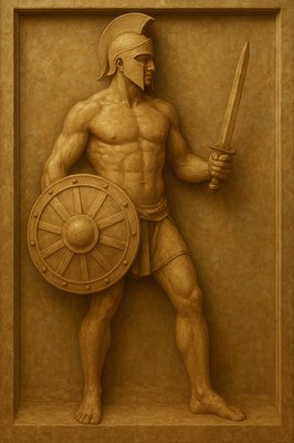 a statue of a man holding a sword and a shield