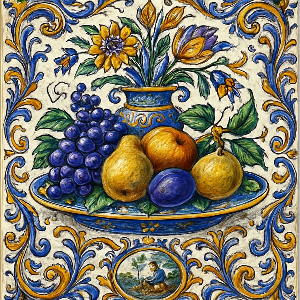 still life arrangement of fruits and flowers