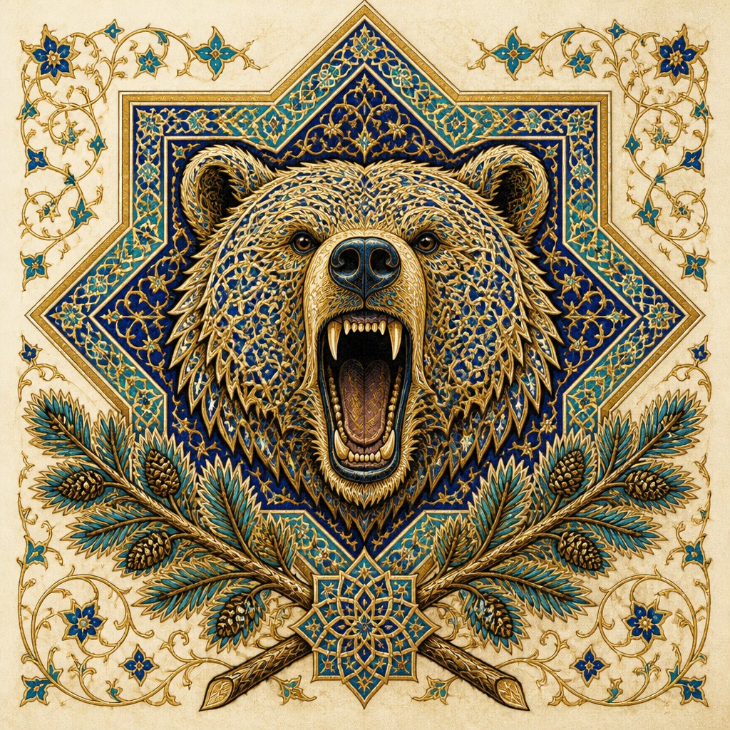 a roaring bear head above crossed pine branches, bold graphic composition on a plain background, no text