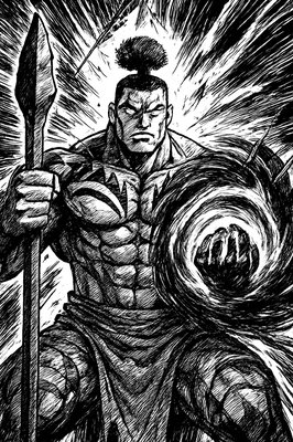 a black and white drawing of a man holding a spear