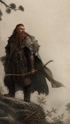 full-body original character: a dwarven ranger with a braided auburn beard, worn leather armor, a longbow and a wolf-pelt cloak, neutral background, no text