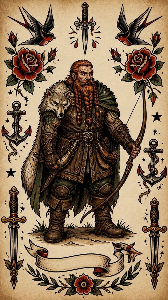 full-body original character: a dwarven ranger with a braided auburn beard, worn leather armor, a longbow and a wolf-pelt cloak, neutral background, no text