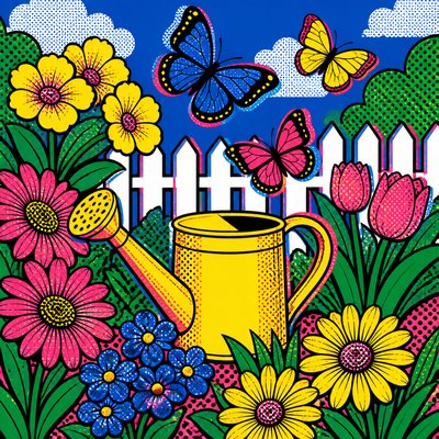 a garden scene with butterflies, flowers and a watering can, clean uncolored line art, no text