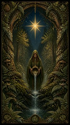 a robed figure pouring water beneath a large eight-pointed star in a night sky, symmetrical composition with an ornate decorative border, no text