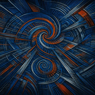 a painting of a blue and orange swirl