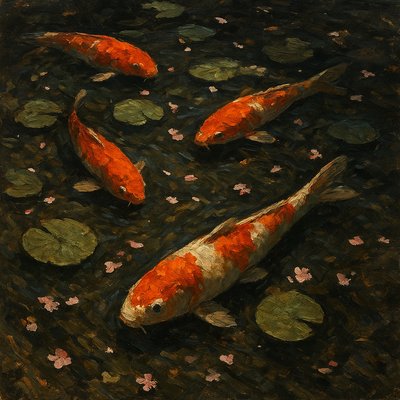 A koi pond seen from above, orange and white koi fish swimming among lily pads, clear water with subtle ripples, fallen cherry blossom petals floating on the surface, dappled sunlight