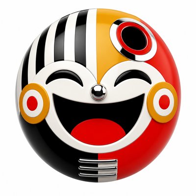 an exaggerated laughing face of an original round mascot character, bold and readable at small size, plain background, no text