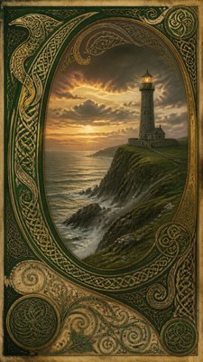 a lone lighthouse on a cliff at dusk under a dramatic sky, no text or lettering