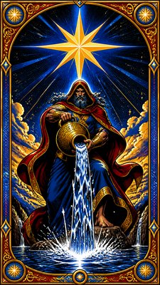 a robed figure pouring water beneath a large eight-pointed star in a night sky, symmetrical composition with an ornate decorative border, no text