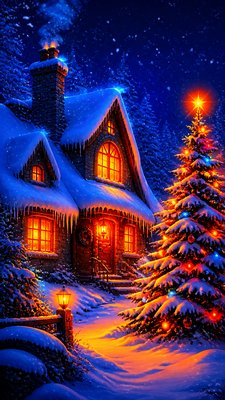 a snow-covered cottage with warm glowing windows beside a decorated pine tree, gentle snowfall, no text