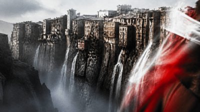 a cliffside city with waterfalls cascading into a misty canyon, wide establishing shot, no people, no text