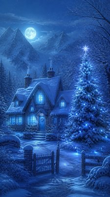 a snow-covered cottage with warm glowing windows beside a decorated pine tree, gentle snowfall, no text