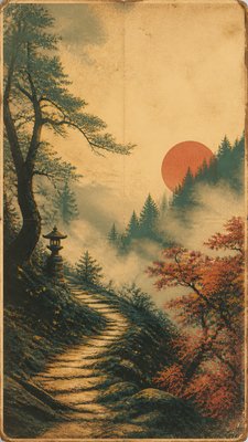 a mysterious forest path with fireflies and drifting mist, atmospheric vertical composition with open space at the top, no text
