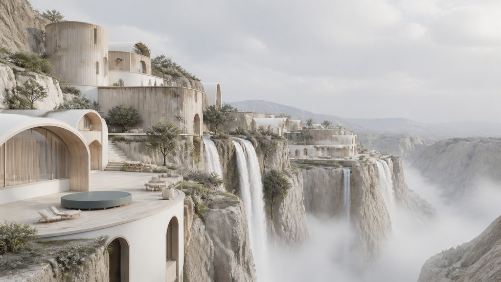 a cliffside city with waterfalls cascading into a misty canyon, wide establishing shot, no people, no text