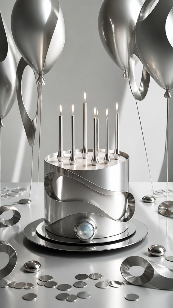 a birthday cake with lit candles surrounded by balloons and confetti, festive vertical composition, no text