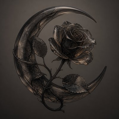 a rose entwined with a crescent moon, clean balanced composition on a plain background, no text