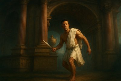 a painting of a man holding a sword