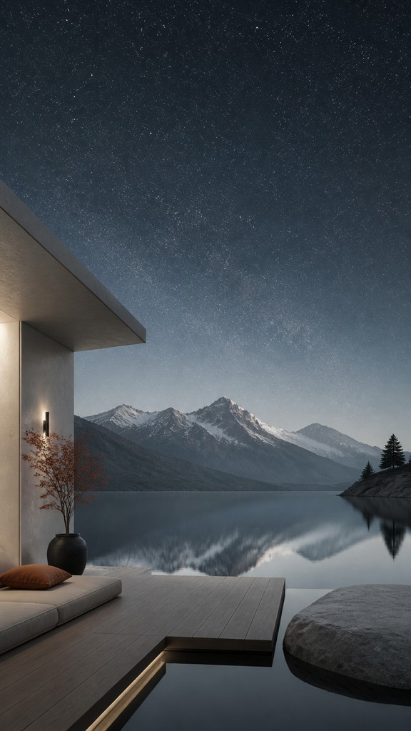 a tranquil mountain lake beneath a starry night sky, no people, no text