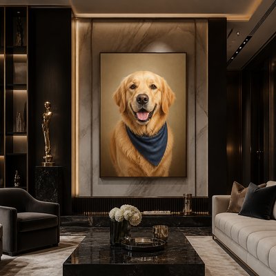 portrait of a golden retriever wearing a blue bandana, warm plain backdrop, no text