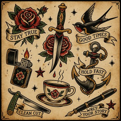 still life with everyday objects — Tattoo Flash Art Style