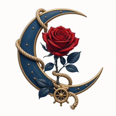 a rose entwined with a crescent moon, clean balanced composition on a plain background, no text
