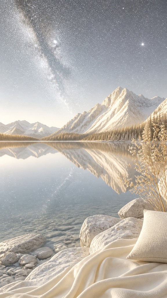 a tranquil mountain lake beneath a starry night sky, no people, no text