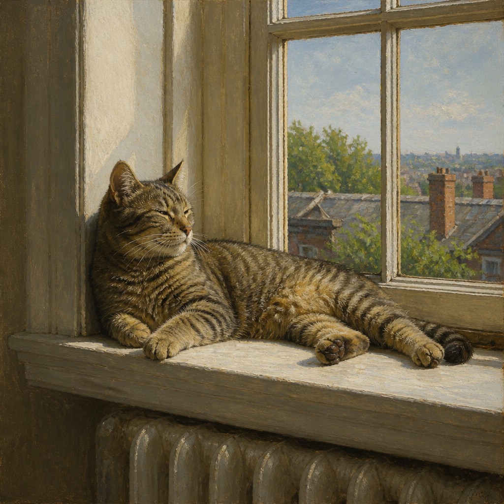 a cat lounging in a sunlit window