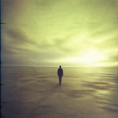 a solitary figure walking toward a glowing horizon across an empty plain, moody atmosphere, no text or lettering